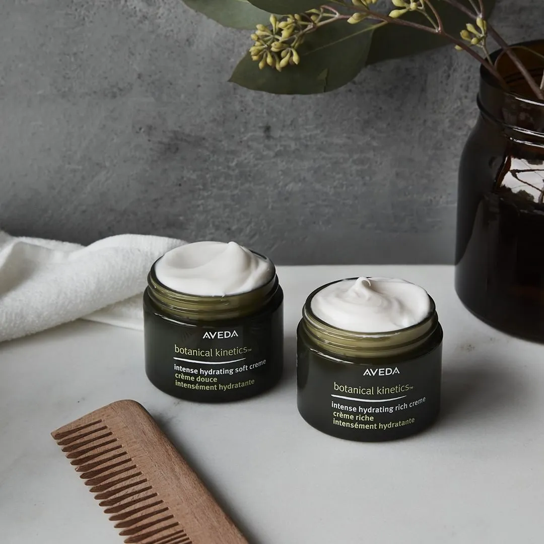 Deux crèmes hydratantes Aveda Botanical Kinetics ouvertes, présentées avec un peigne en bois et des feuillages.
